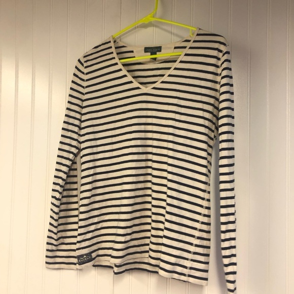 Ralph Lauren Striped V-Neck Long Sleeve Top Navy White Medium - Picture 1 of 5